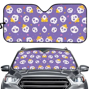 Auto Frontscheibe Sonnenschutz mit lila mexikanischem Totenkopf Muster, UV-Schutz und Hitze.