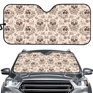 Auto-Frontscheiben-Sonnenschutz mit Totenkopf- und Blumenmuster für sommerlichen Hitzeschutz.