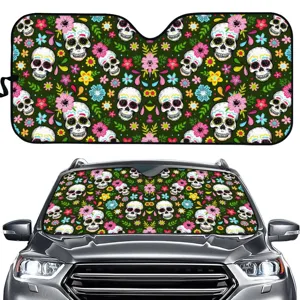 Auto Sonnenblende mit Totenkopf Blumenmuster, faltbarer Windschutzscheiben Schutz fuer den Sommer.