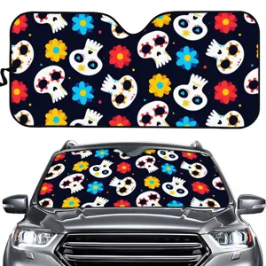 Car windshield sunshade with stylish skull and flower pattern for effective summer UV protection.