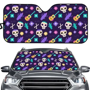 Car windshield sunshade with Mexican sugar skull and guitar floral print for summer UV protection.