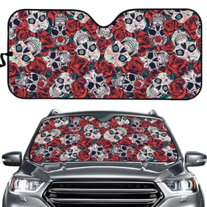 Auto Windschutzscheibe Sonnenblende faltbare Frontscheibe Abdeckung mit Totenkopf und Rosen.
