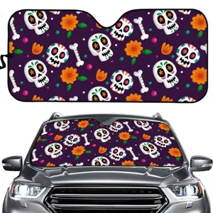 Auto Windschutzscheibe Sonnenblende mit Totenkopf und Blumen Muster fuer Hitzeschutz im Sommer.