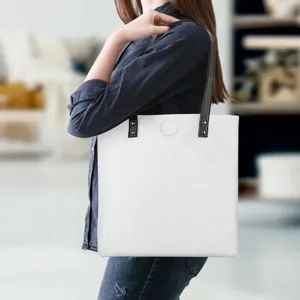Women white PU leather tote bag with black handles, casual daily shopping shoulder bag.