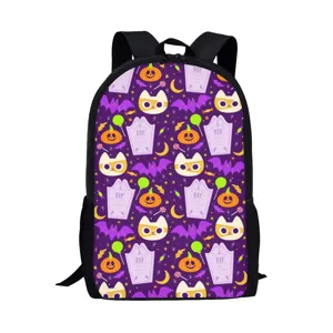 Halloween cartoon ghost print student schoolbag casual black backpack for daily use main view.