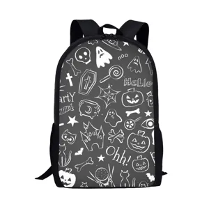 Halloween spooky ghost doodle print school backpack for students, stylish black bookbag.
