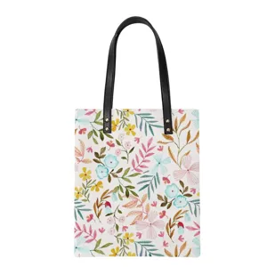 Sac cabas fourre-tout pour femme en cuir PU avec motif floral botanique aquarelle chic.