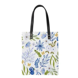 Sac Cabas Femme en Cuir PU Motif Floral Aquarelle Bleu Frais Sac Shopping Quotidien