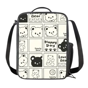 Bolsa de almuerzo con osito de dibujos animados en cuadrícula, cremallera y correa ajustable.