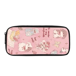 Rosa süßes Cartoon-Mäppchen mit Hasen- und Blumenprint, große Kapazität Schreibwarentasche.