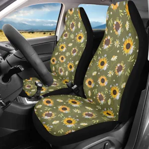 Universal Car Seat Covers Sunflower Print Olive Green Front Seats Protector Set