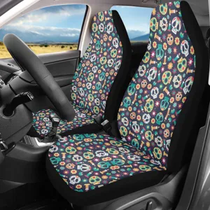 Universal car seat covers with colorful Halloween skull and flower print for auto interior decor