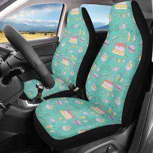 Universal car seat covers with cute pastel dessert cartoon print, front seat protector for all seasons.