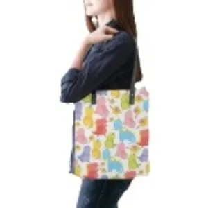 Women PU leather tote shoulder bag with colorful cartoon dinosaur print, casual daily handbag.