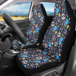 Universal fit front car seat covers sugar skull guitar print breathable interior accessories