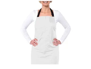 Plain white halter apron detail view, adjustable black straps, professional kitchen and restaurant use.