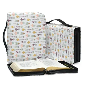 PU Leder Bibeltasche Große Kapazität Handtasche Reißverschluss Blumen Kaktus Druck Buch Schutzhülle Für Damen Religiöses Geschenk