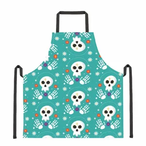 Halloween skull print apron with adjustable black neck straps for cooking, baking and serving.