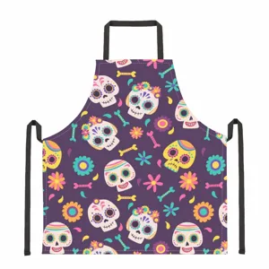 Adult kitchen apron with digital print sugar skull pattern, polyester fabric, durable.