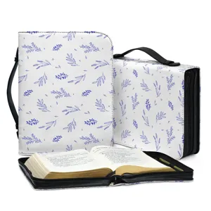 Weisse PU Leder Bibel Tasche mit blauem botanischen Blätter Muster und praktischem Griff.