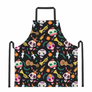 Schwarze Küchenschürze mit Tag der Toten Totenkopf und Musikmuster zum Kochen.
