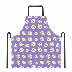 Adult kitchen apron with Mexican sugar skull pattern, purple polyester cooking bib for home cleaning.