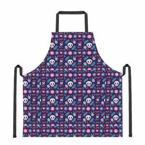 Polyester adult kitchen apron with digital print, colorful floral and skull pattern design.