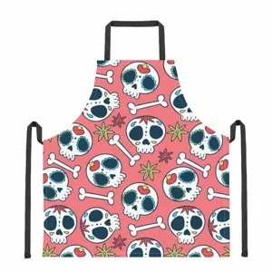 Grembiule da cucina rosa con motivo a teschi festivi, tessuto resistente con cinghie nere.