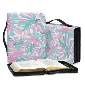 Mehrfarbige PU Leder Bibel Tasche Hülle mit modischem rosa und türkis Blätter Muster.