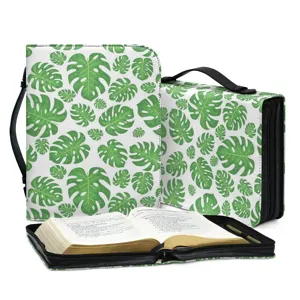 Monstera leaf pattern Bible cover bag with handle and zipper, multi-functional PU organizer.