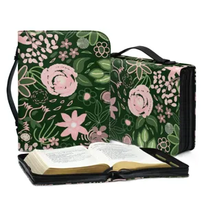 Portable PU Leather Bible Case Floral Print Book Organizer Storage Handbag Zipper Large Capacity Carrying Cover Pouch Bag