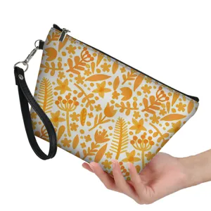 Cute botanical print cosmetic bag with wrist strap, lightweight zipper pouch for women.