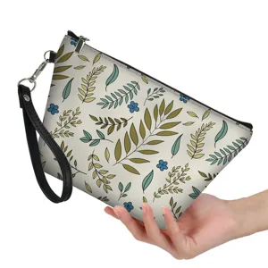 Stylish botanical print cosmetic bag with wrist strap, portable zipper pouch for women.