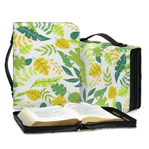 Botanical leaf print book cover case with handle and zipper closure for storage and travel.