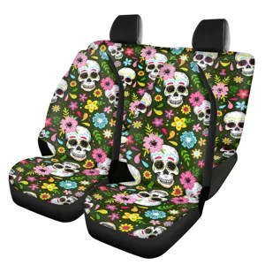 Universelle Autositzbezüge Komplettset Mexikanischer Zucker Totenkopf Blumendruck Polyester Spandex Atmungsaktive Auto Innenraum Schutz
