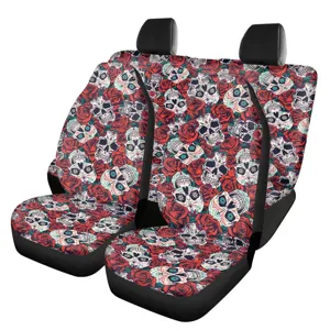 Totenkopf Auto Sitzbezüge Set, gothische Blumen Autositzschoner aus strapazierfähigem Polyester.