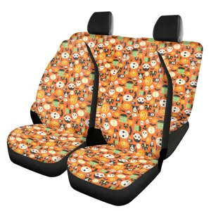 Halloween theme car seat covers with funny pumpkin and skull prints for front seats, durable.