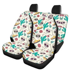 Universal front car seat covers with colorful Mexican sugar skull and cactus print design
