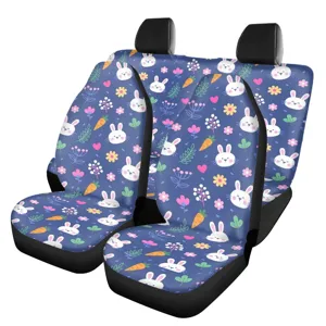 Cute bunny car seat cover set, blue cartoon floral pattern universal fit automotive interior accessories.