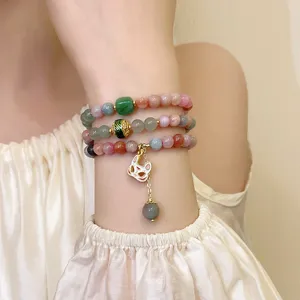 Multi-layer gemstone beaded bracelet set with cute kitsune fox pendant for women