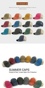 Mehrfarbige Kollektion von gewaschenen Mesh-Trucker-Mützen in einer Studioanzeige.