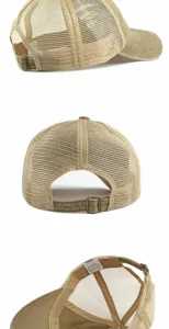 Detailansichten der Vintage Trucker Cap mit Mesh-Rückseite und Pflegeetikett-Info