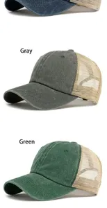 Detaillierte Ansicht von Vintage-Trucker-Caps aus gewaschenem Mesh in Grau und Grün.