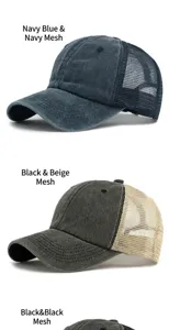Nahaufnahme von gewaschenen Trucker-Caps mit Mesh-Details und gebogenen Schirmen