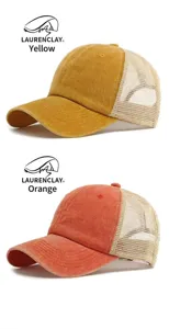 Detailansicht von gelben und orangen Vintage-Trucker-Mützen mit Mesh für den Außenbereich
