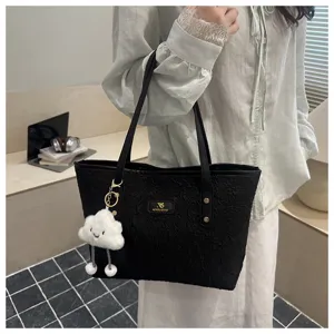 Black minimalist tote bag with cloud charm, large capacity stylish shoulder bag for daily use.