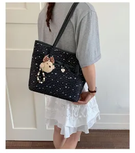 Μόδα τσάντα shopper με μοτίβο αστέρια φιόγκο και κρεμαστό αρκουδάκι για γυναίκες casual.