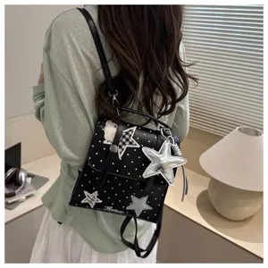 College style black polka dot backpack with star patches and cute silver star charm for women