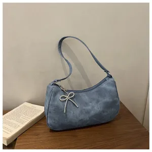 Blue matte underarm shoulder bag with elegant pearl bow pendant for women daily chic fashion
