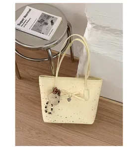 Τσάντα tote με αστέρια και φιόγκο για γυναίκες, μεγάλη casual τσάντα ώμου με χαριτωμένο αρκουδάκι.